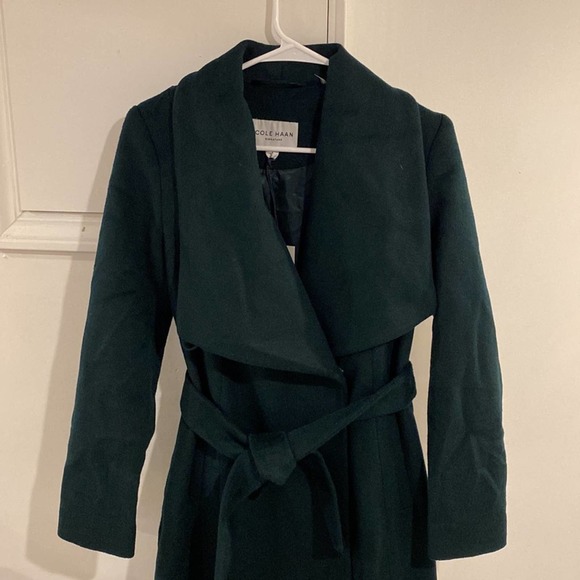 NWT Cole Haan Belted Wrap Coat Petroleum size 4 long - Picture 5 of 12